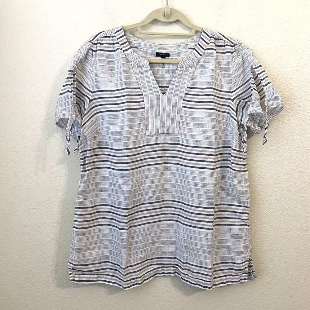 Talbots Blouse Top Womens Large Linen Stripes Gray White